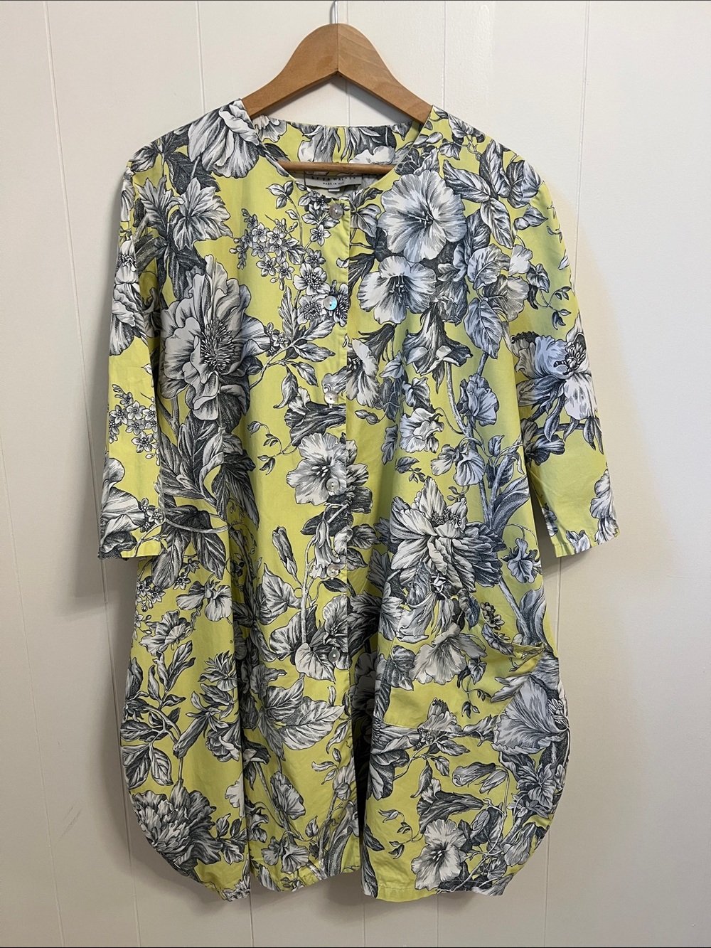 Bryn Walker Pure Cotton Poplin Button Front Tunic Yellow Grey White Floral SMALL